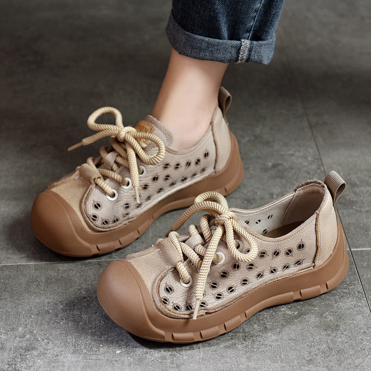 Women's Perforated Cowhide Sneakers - Unlined Summer Leisure Shoes - Thick Sole