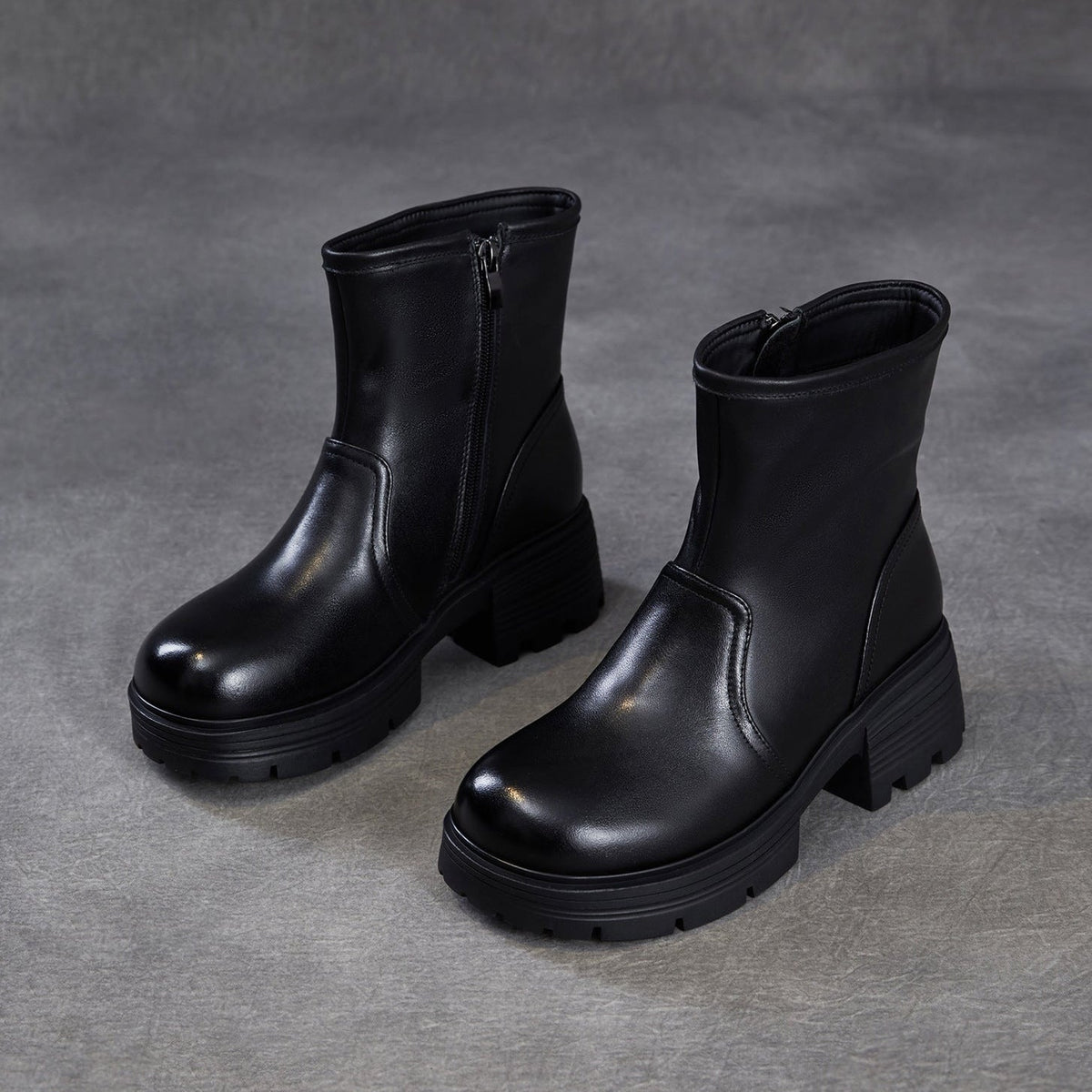 Women's Top-Grain Leather Ankle Boots Chunky Platform Block Heel Side Zipper Booties