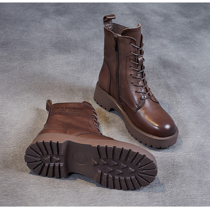 Women's Genuine Leather Casual Combat Boots with Side Zipper Closure