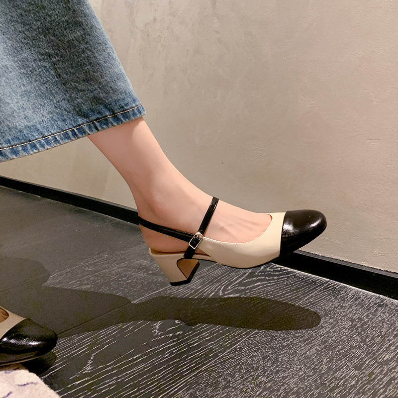 Women's Elegant French Patchwork Slip On Closed Toe Mid Heel Sandals