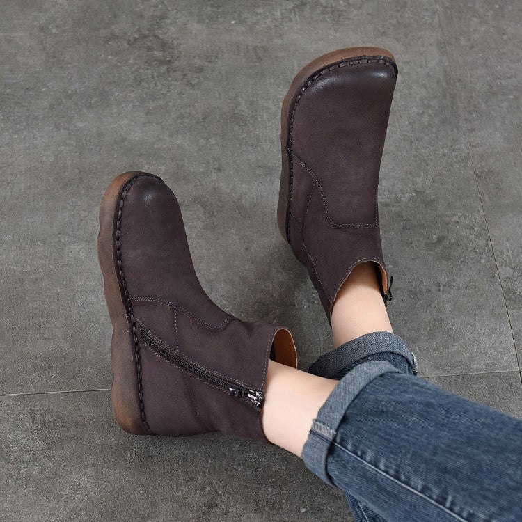 Women's Leather Zipper Ankle Boots – Comfortable Flat Casual Style