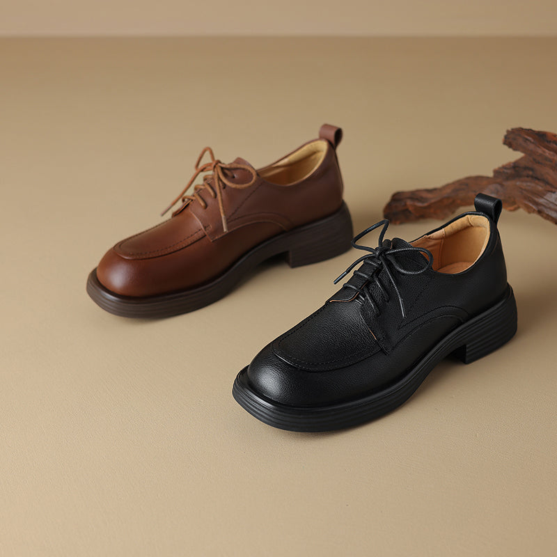 Women's Retro Cowhide Oxfords Round Toe Lace-up Platform Low Heel Casual Derby Shoes