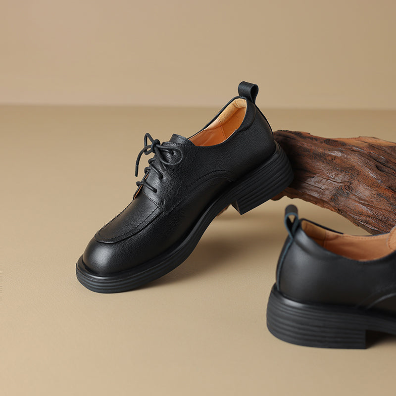 Women's Retro Cowhide Oxfords Round Toe Lace-up Platform Low Heel Casual Derby Shoes