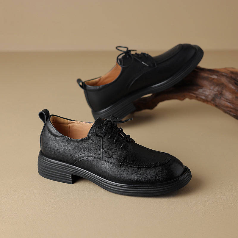 Women's Retro Cowhide Oxfords Round Toe Lace-up Platform Low Heel Casual Derby Shoes