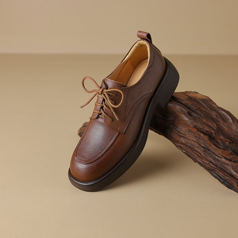 Women's Retro Cowhide Oxfords Round Toe Lace-up Platform Low Heel Casual Derby Shoes