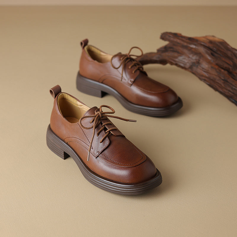Women's Retro Cowhide Oxfords Round Toe Lace-up Platform Low Heel Casual Derby Shoes