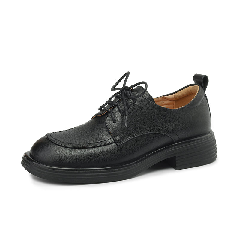 Women's Retro Cowhide Oxfords Round Toe Lace-up Platform Low Heel Casual Derby Shoes