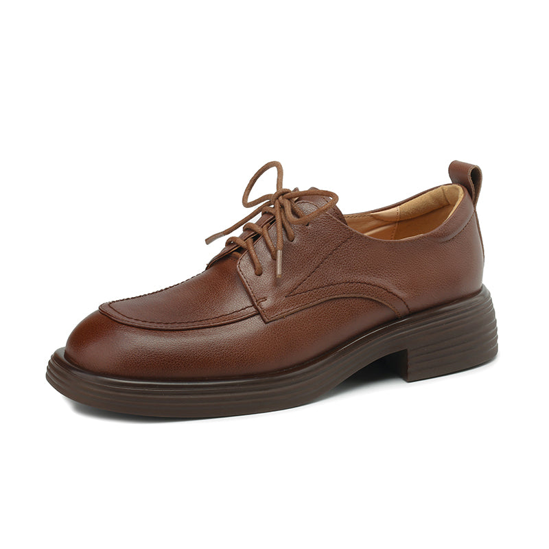 Women's Retro Cowhide Oxfords Round Toe Lace-up Platform Low Heel Casual Derby Shoes