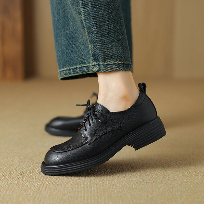 Women's Retro Cowhide Oxfords Round Toe Lace-up Platform Low Heel Casual Derby Shoes
