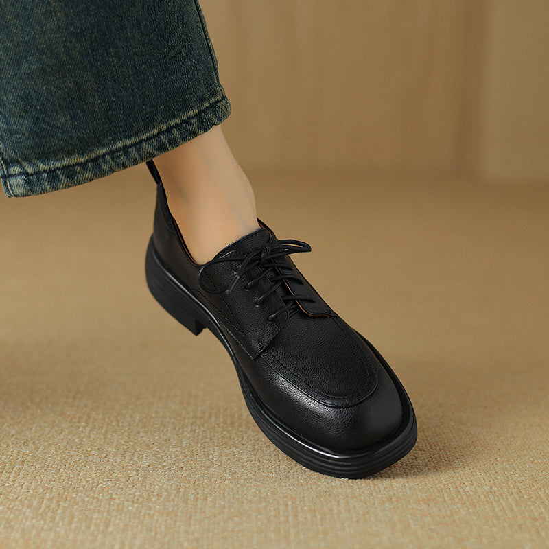 Women's Retro Cowhide Oxfords Round Toe Lace-up Platform Low Heel Casual Derby Shoes