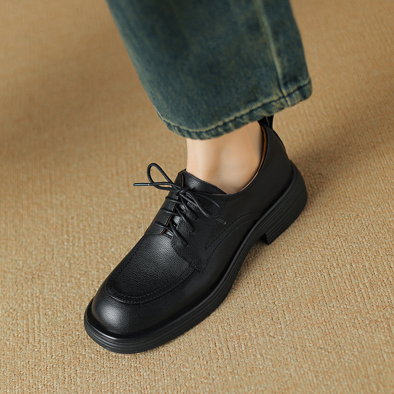 Women's Retro Cowhide Oxfords Round Toe Lace-up Platform Low Heel Casual Derby Shoes