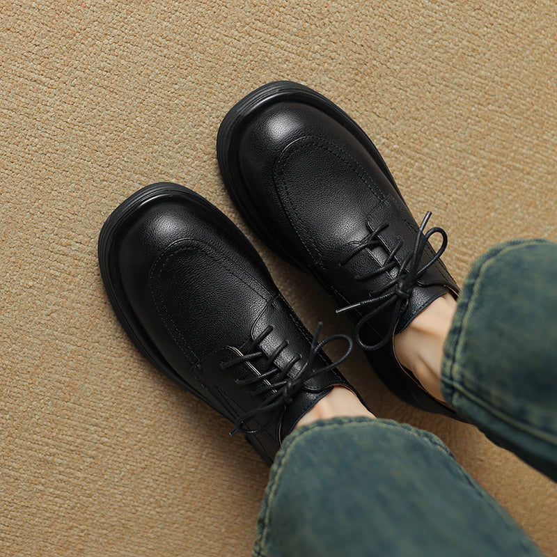 Women's Retro Cowhide Oxfords Round Toe Lace-up Platform Low Heel Casual Derby Shoes
