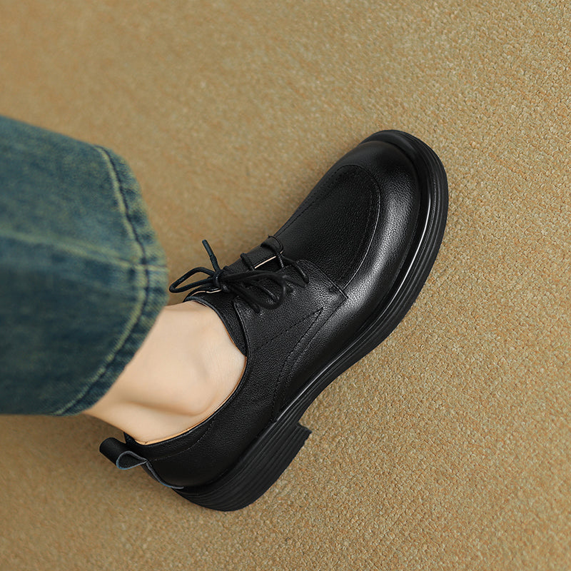 Women's Retro Cowhide Oxfords Round Toe Lace-up Platform Low Heel Casual Derby Shoes