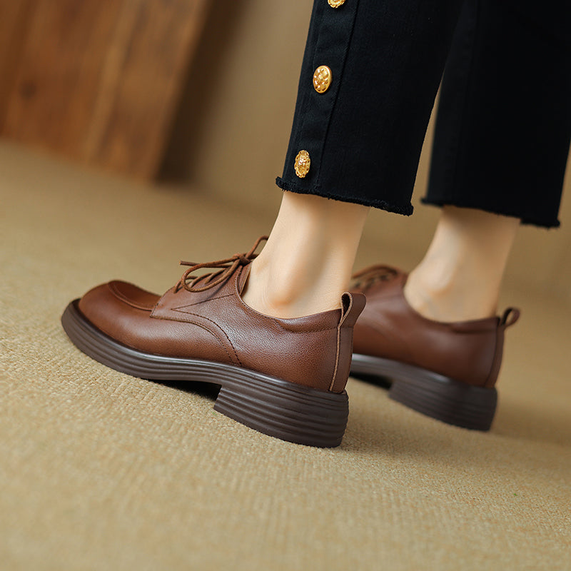 Women's Retro Cowhide Oxfords Round Toe Lace-up Platform Low Heel Casual Derby Shoes