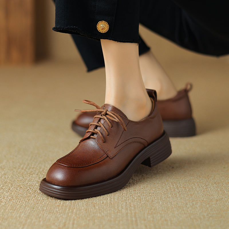 Women's Retro Cowhide Oxfords Round Toe Lace-up Platform Low Heel Casual Derby Shoes
