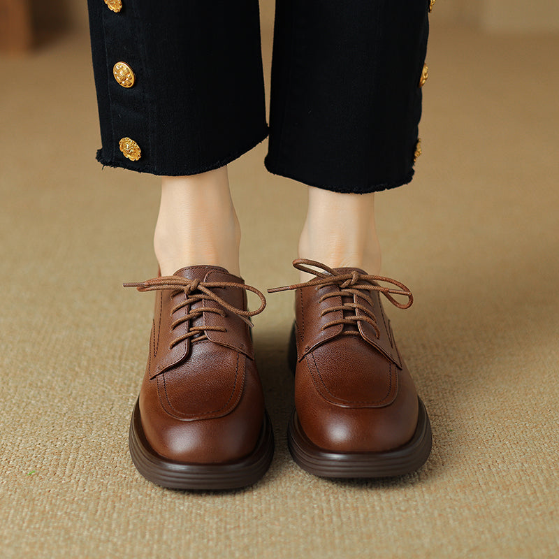 Women's Retro Cowhide Oxfords Round Toe Lace-up Platform Low Heel Casual Derby Shoes
