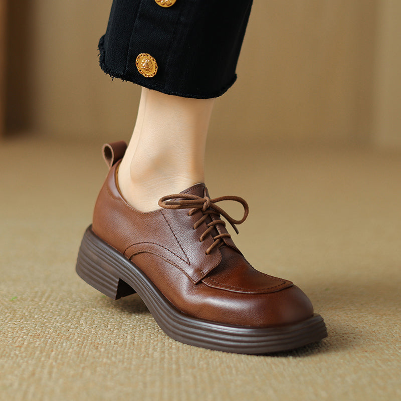 Women's Retro Cowhide Oxfords Round Toe Lace-up Platform Low Heel Casual Derby Shoes