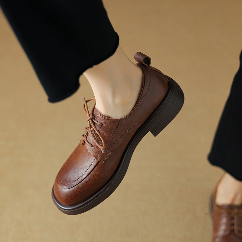 Women's Retro Cowhide Oxfords Round Toe Lace-up Platform Low Heel Casual Derby Shoes