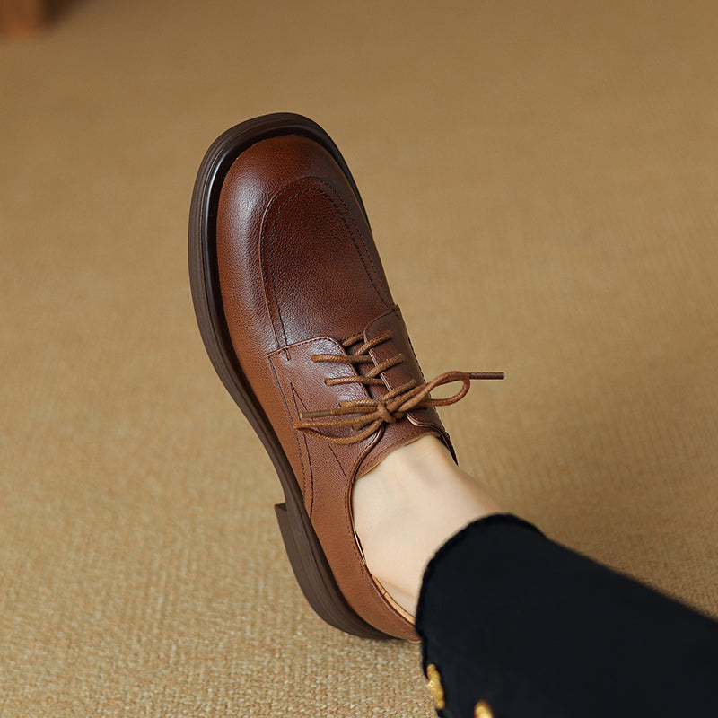 Women's Retro Cowhide Oxfords Round Toe Lace-up Platform Low Heel Casual Derby Shoes