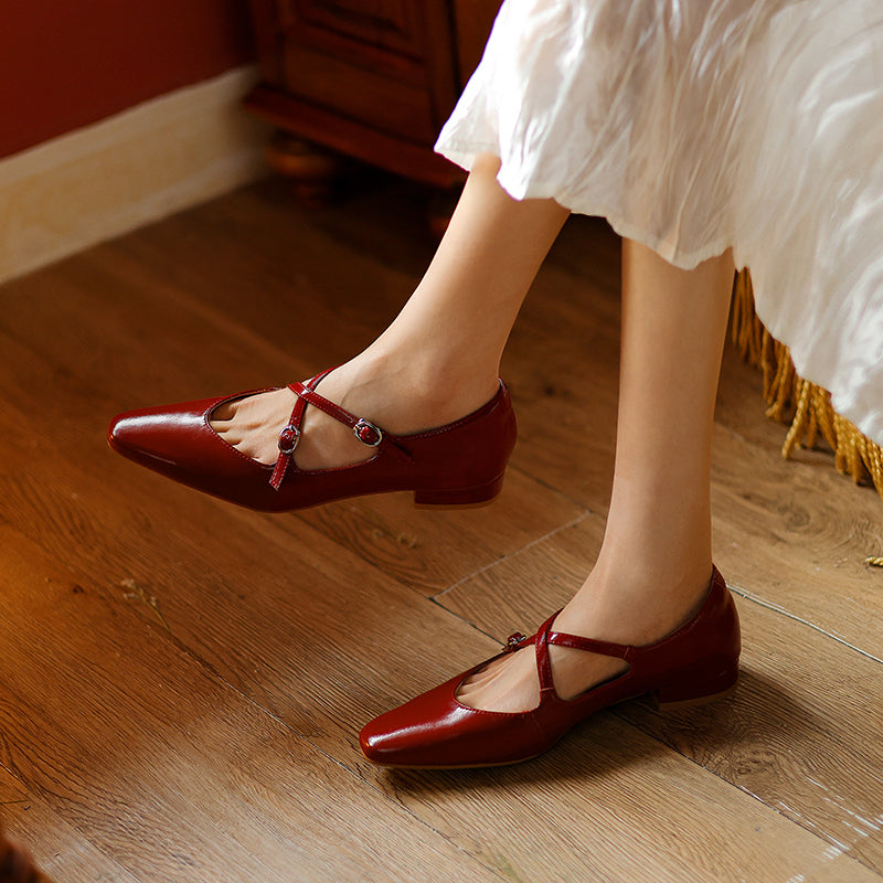 Handmade Leather Cross Strap Mary Janes - Women's Square Toe Low Heel Vintage Flats