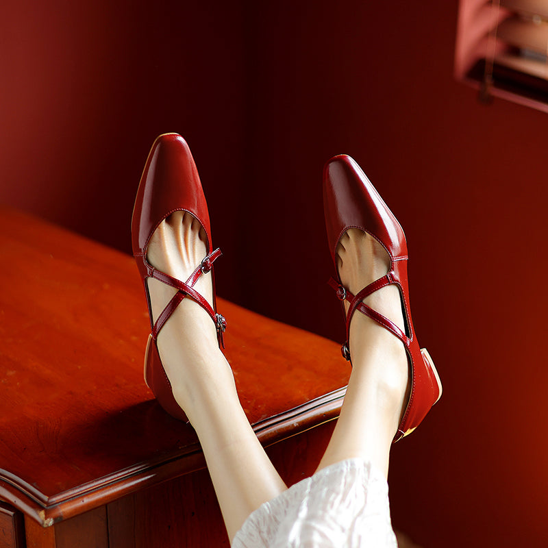 Handmade Leather Cross Strap Mary Janes - Women's Square Toe Low Heel Vintage Flats