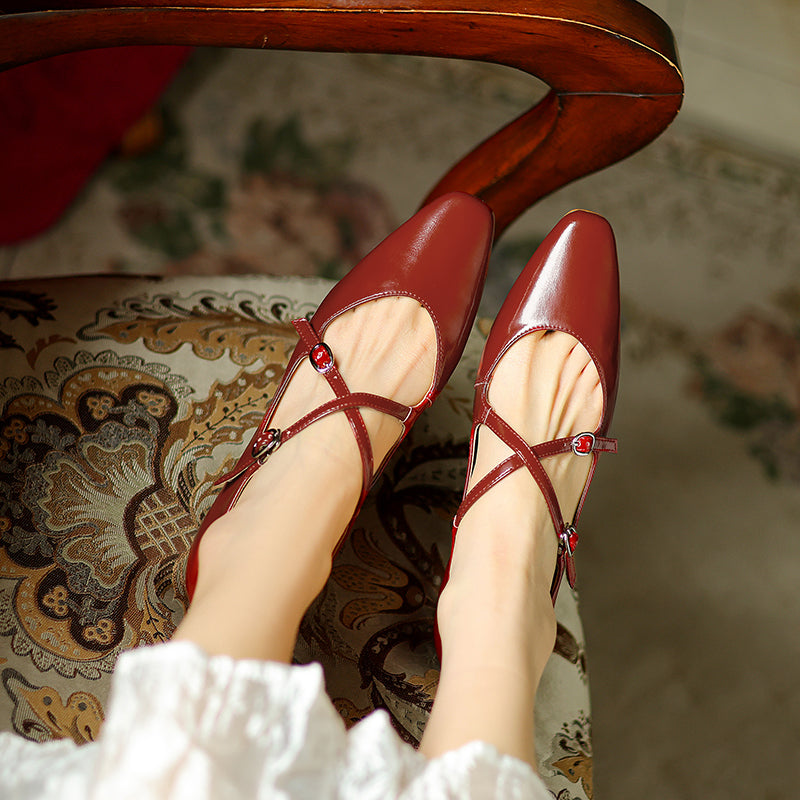 Handmade Leather Cross Strap Mary Janes - Women's Square Toe Low Heel Vintage Flats
