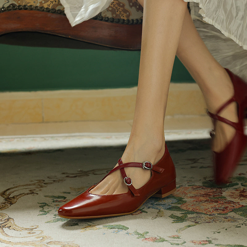 Handmade Leather Cross Strap Mary Janes - Women's Square Toe Low Heel Vintage Flats