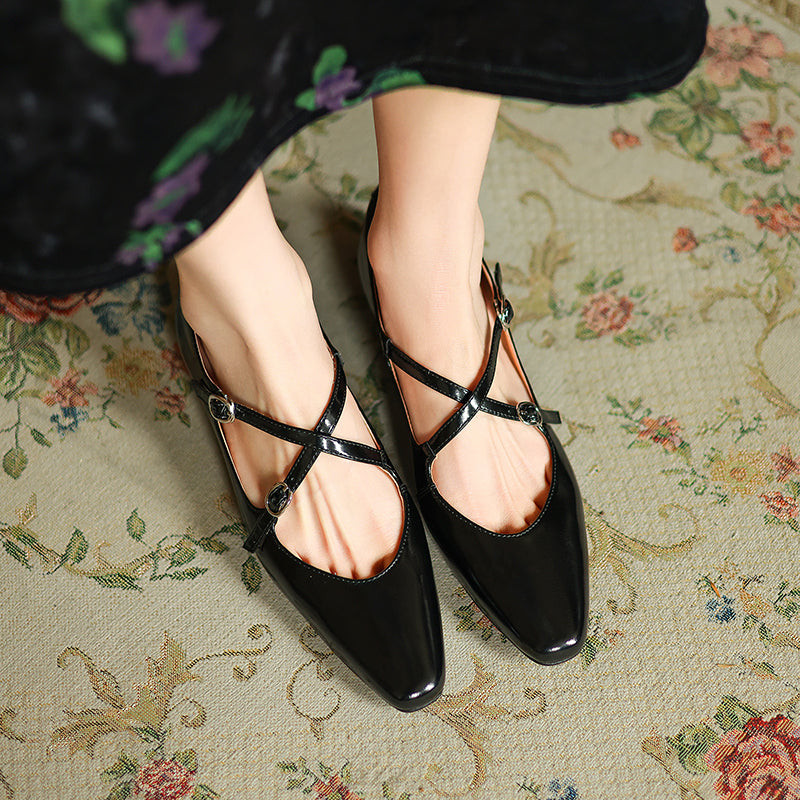 Handmade Leather Cross Strap Mary Janes - Women's Square Toe Low Heel Vintage Flats