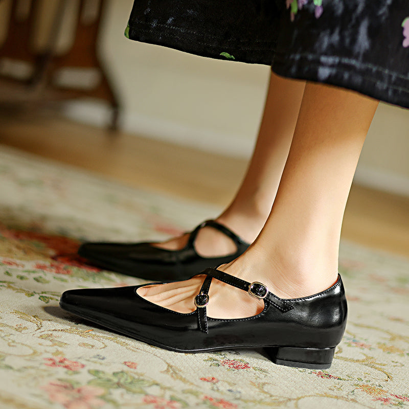 Handmade Leather Cross Strap Mary Janes - Women's Square Toe Low Heel Vintage Flats