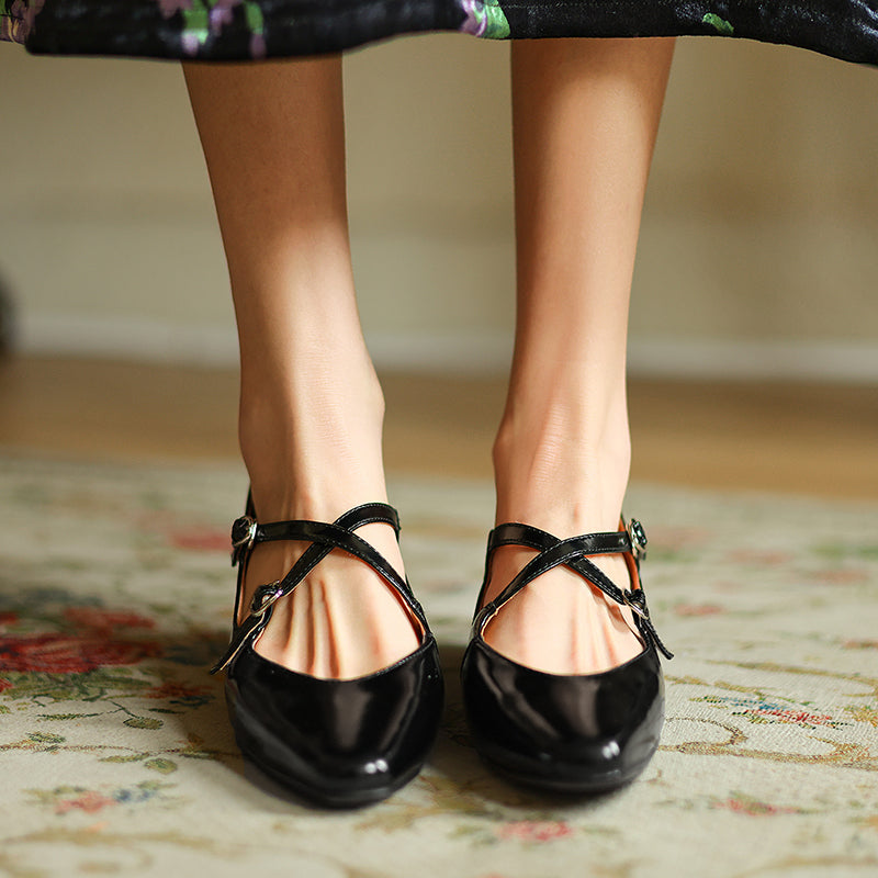 Handmade Leather Cross Strap Mary Janes - Women's Square Toe Low Heel Vintage Flats