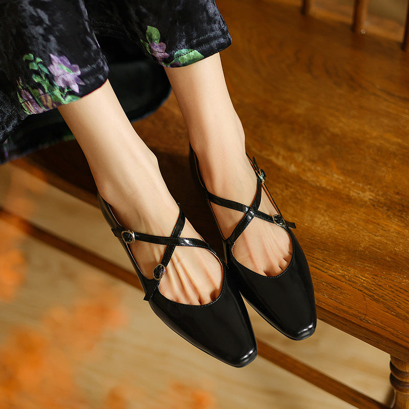 Handmade Leather Cross Strap Mary Janes - Women's Square Toe Low Heel Vintage Flats