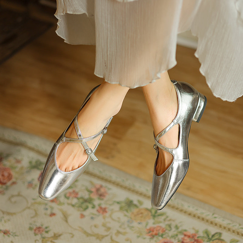 Handmade Leather Cross Strap Mary Janes - Women's Square Toe Low Heel Vintage Flats