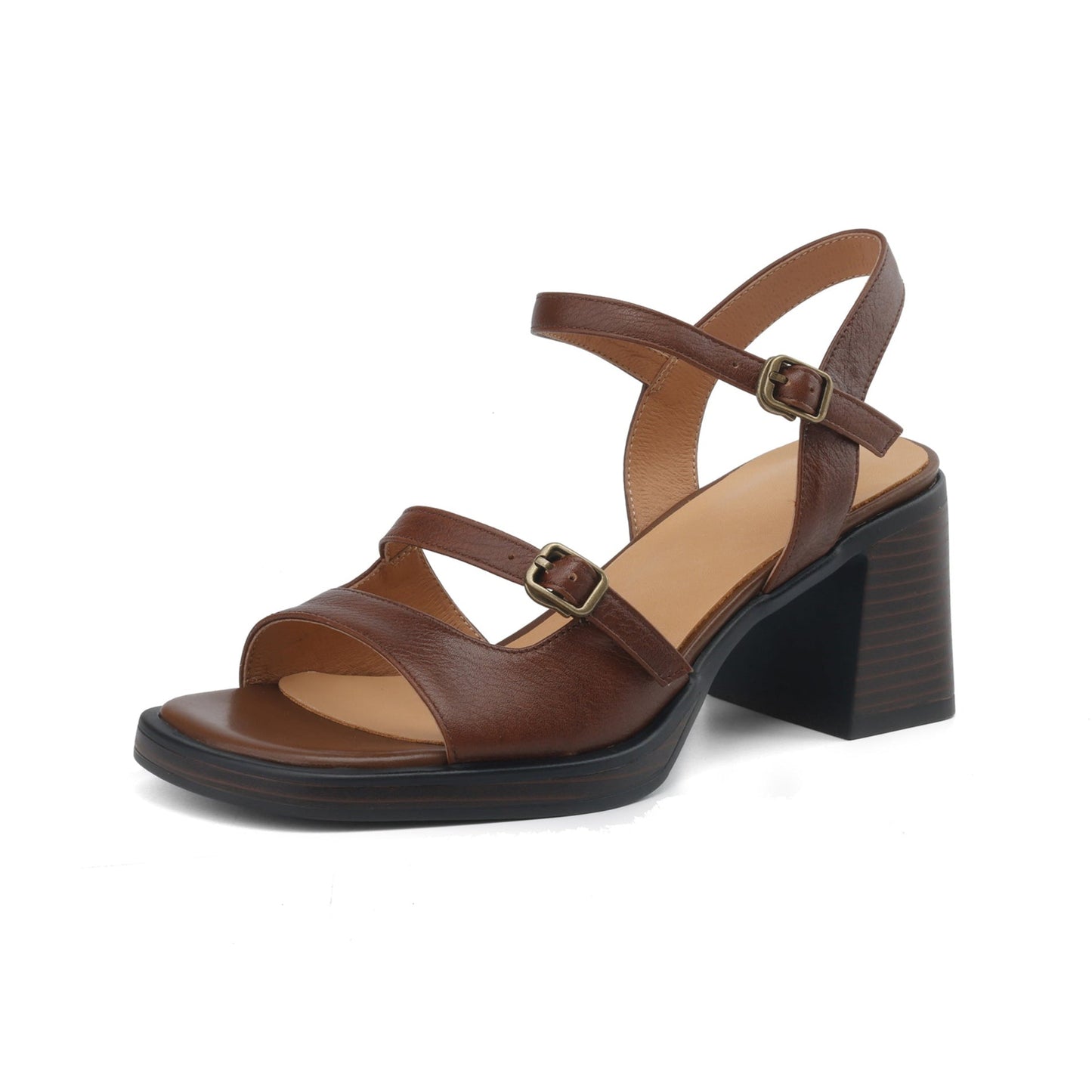 Women's Retro Leather Open-Toe Block Heel Sandals – Vintage Style