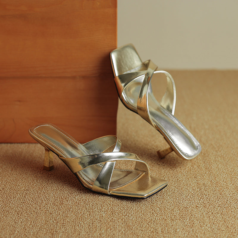Womens Metallic Square Toe High Heel Mules Crisscross Strappy Slide Sandals Kitten Heels