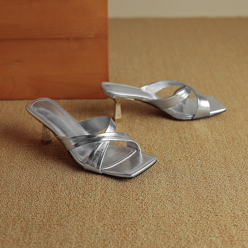 Womens Metallic Square Toe High Heel Mules Crisscross Strappy Slide Sandals Kitten Heels