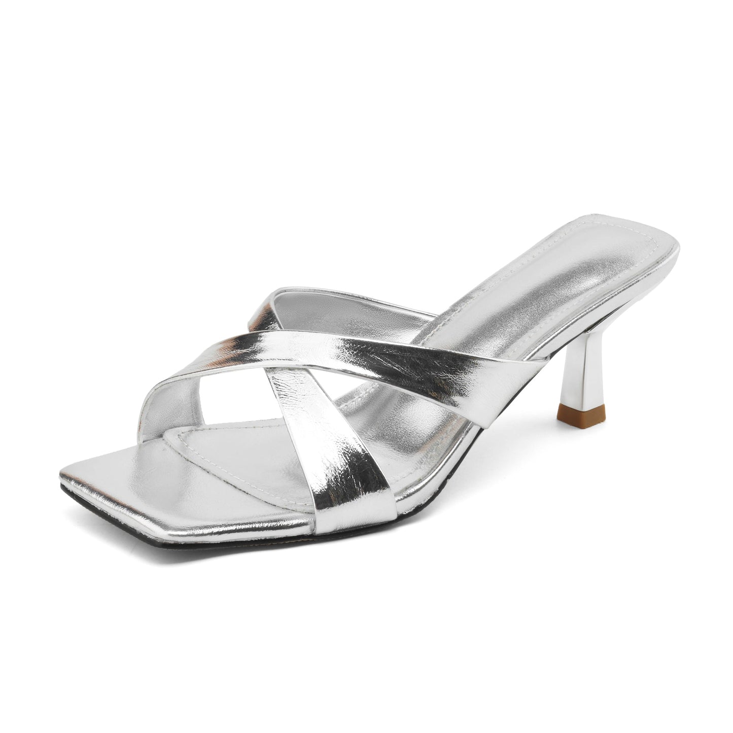 Womens Metallic Square Toe High Heel Mules Crisscross Strappy Slide Sandals Kitten Heels