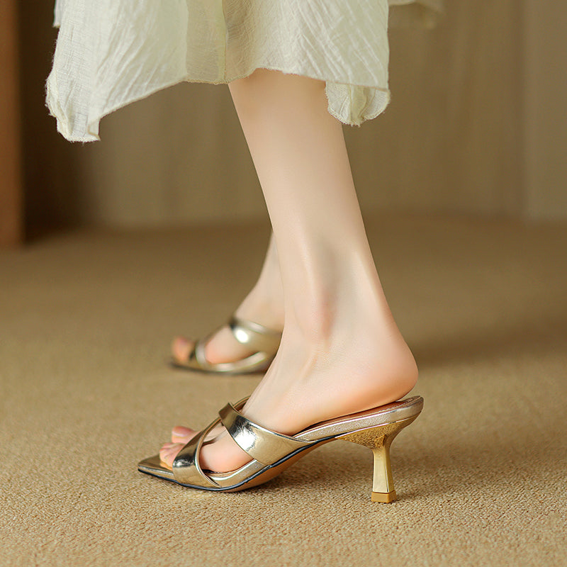 Womens Metallic Square Toe High Heel Mules Crisscross Strappy Slide Sandals Kitten Heels