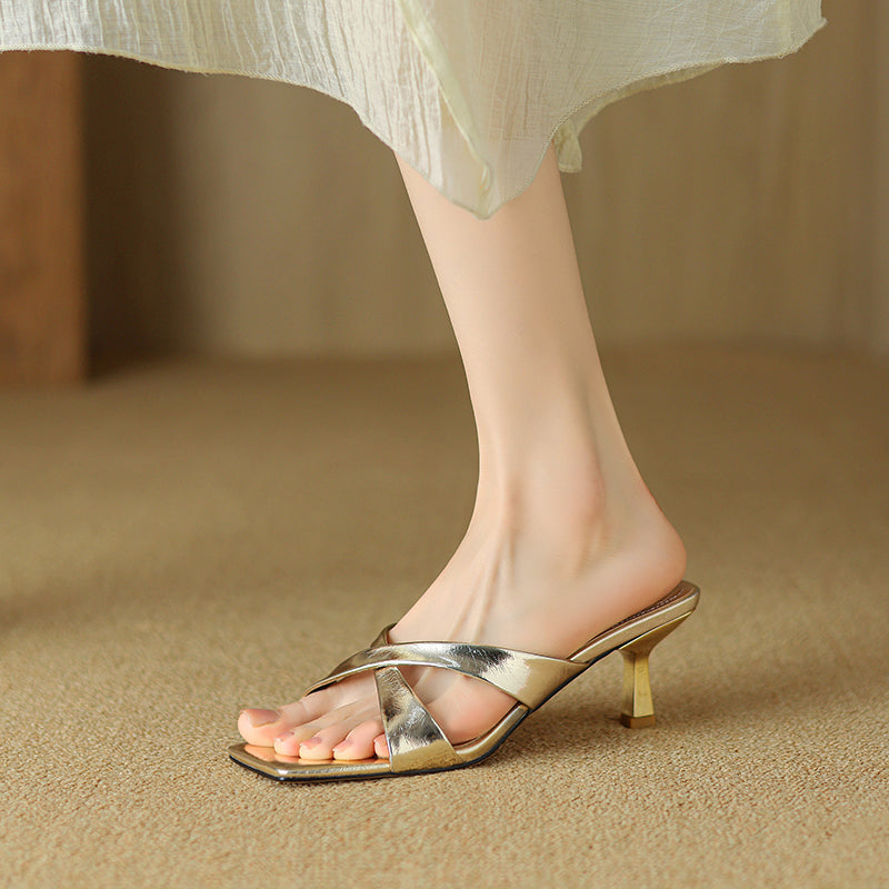 Womens Metallic Square Toe High Heel Mules Crisscross Strappy Slide Sandals Kitten Heels