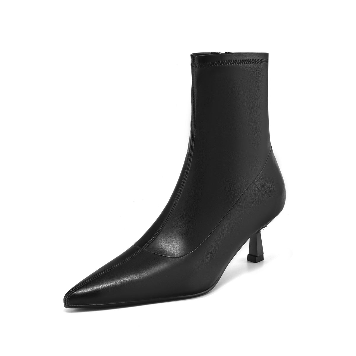 Women's Pointed Toe Stretch Leather Ankle Boots Mid Kitten Heel Sock Boots