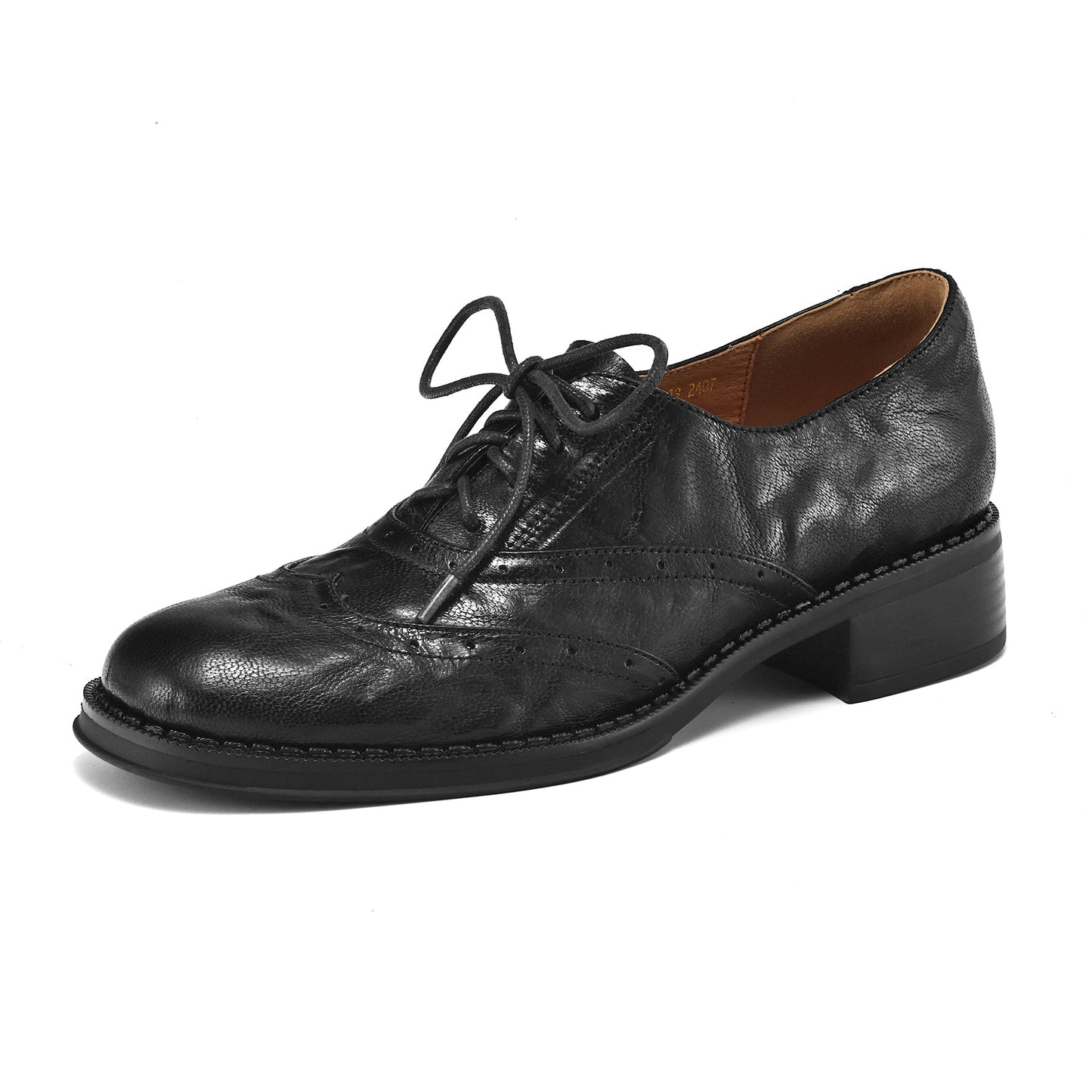 Women's Retro Leather Brogue Shoes Vintage Round Toe Lace-up Oxford Flats