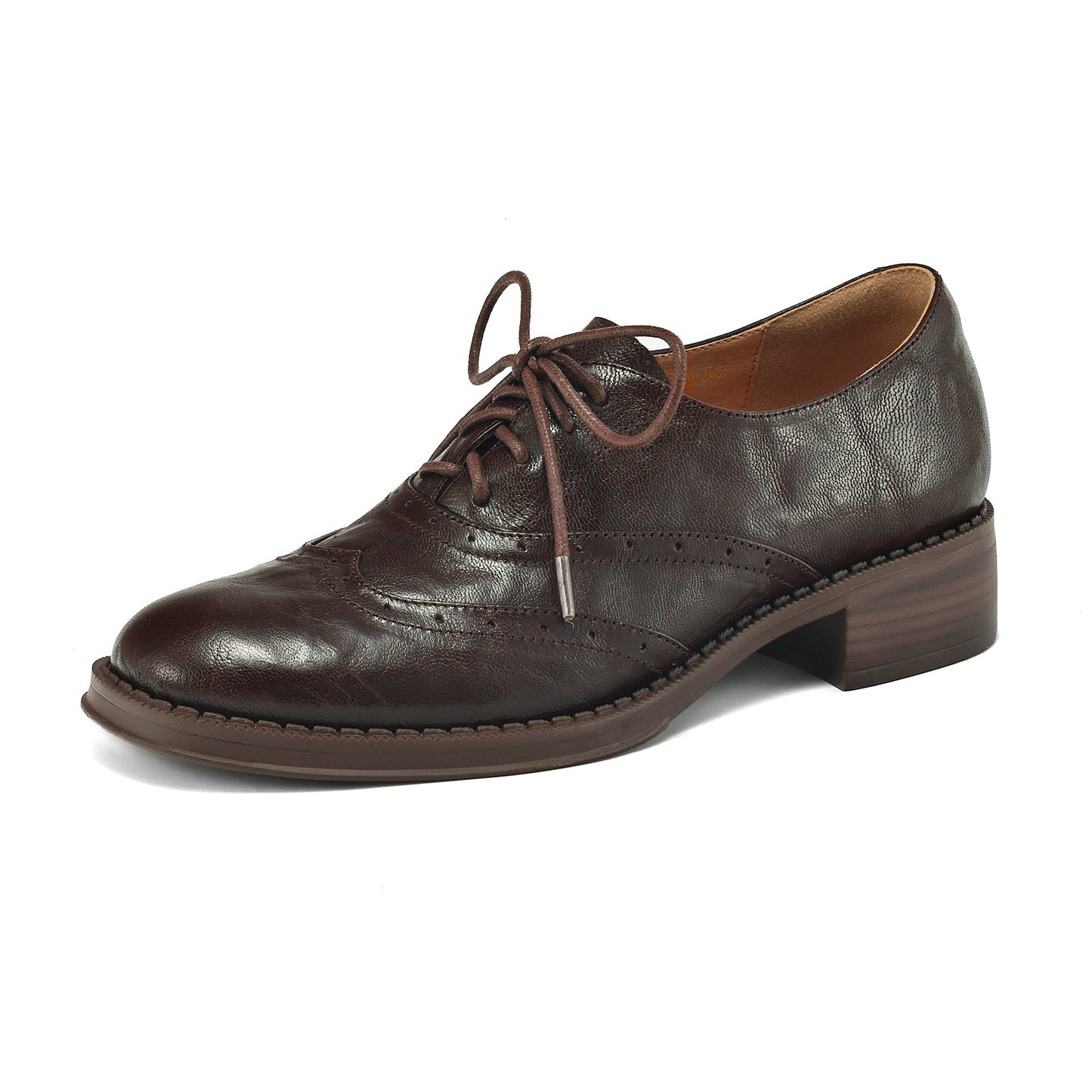 Women's Retro Leather Brogue Shoes Vintage Round Toe Lace-up Oxford Flats