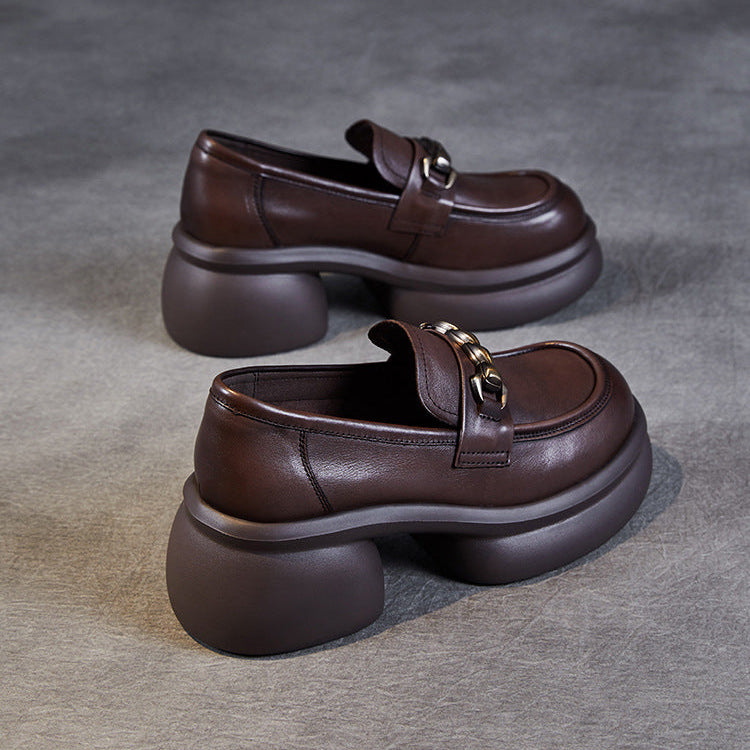Women’s Leather Platform Block Heel Loafers – British Vintage Chain Detail