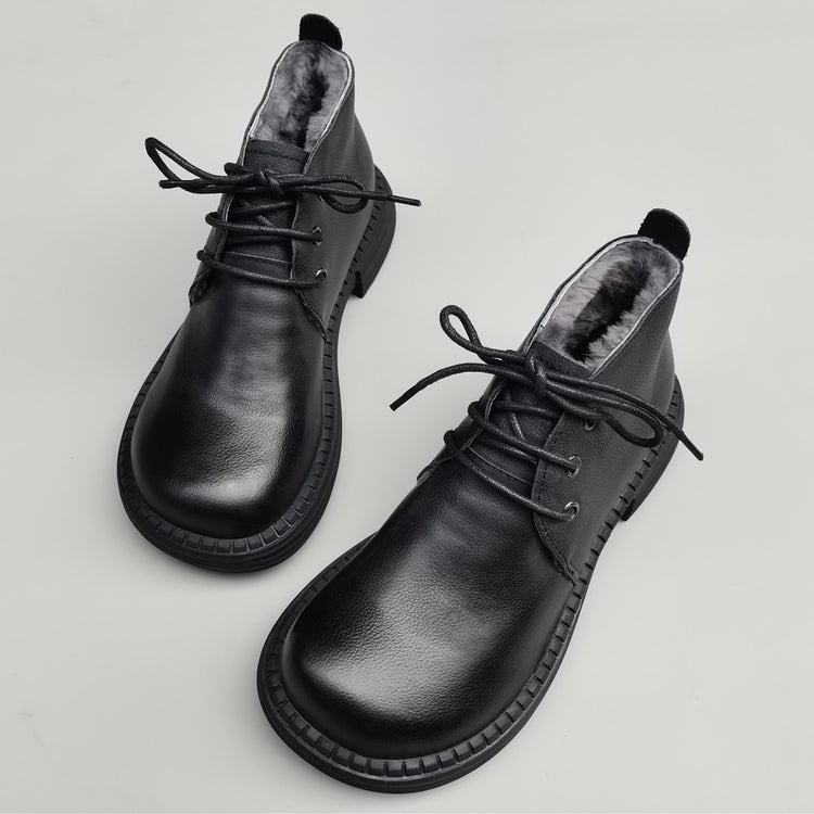 Wide Toe Leather Ankle Boots for Women – Lace-up Handmade Shearling Winter Shoes