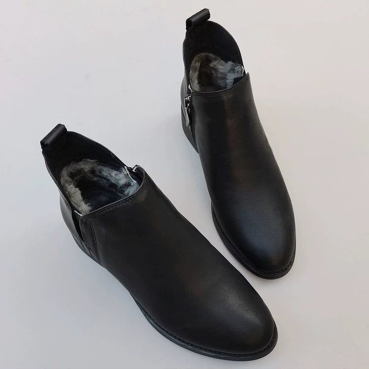 Women's Genuine Leather Ankle Boots Low Block Heel Side Zip Ankle Booties