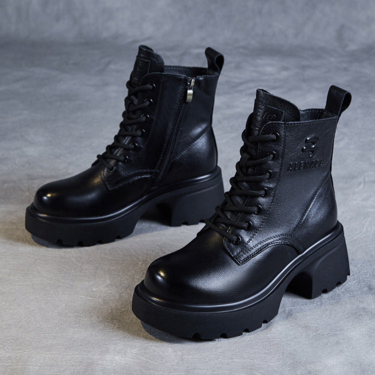Women's Genuine Leather Lightweight Ankle Boots – Platform Chunky Heel