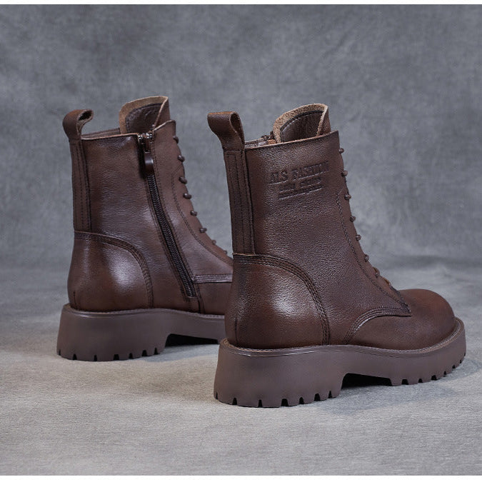Women's Genuine Leather Casual Combat Boots with Side Zipper Closure