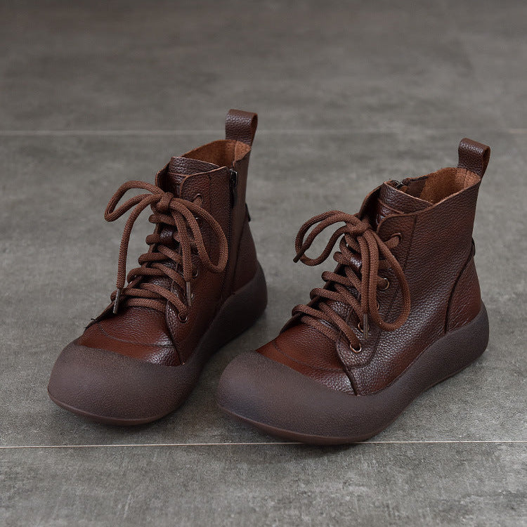 Women's Leather Daily Walking Boots – Lace-Up and Side Zipper