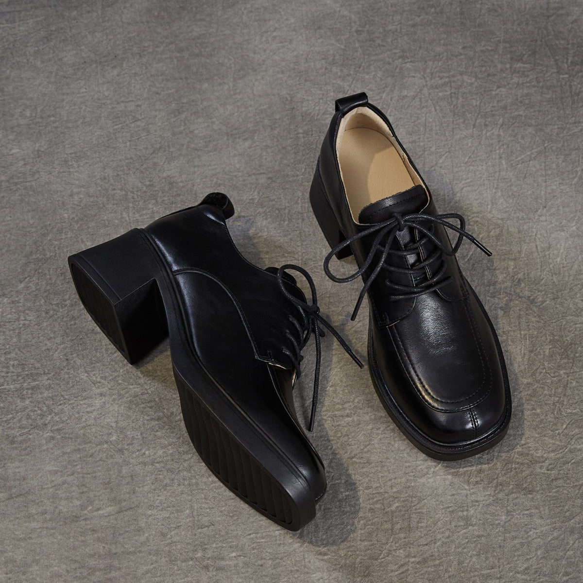 Women's Top-Grain Leather Oxford Shoes Chunky High Heel Lace Up Platform Pumps