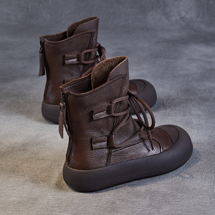 Women's Lace-Up Platform Boots – Genuine Leather Casual Back Zipper Boots