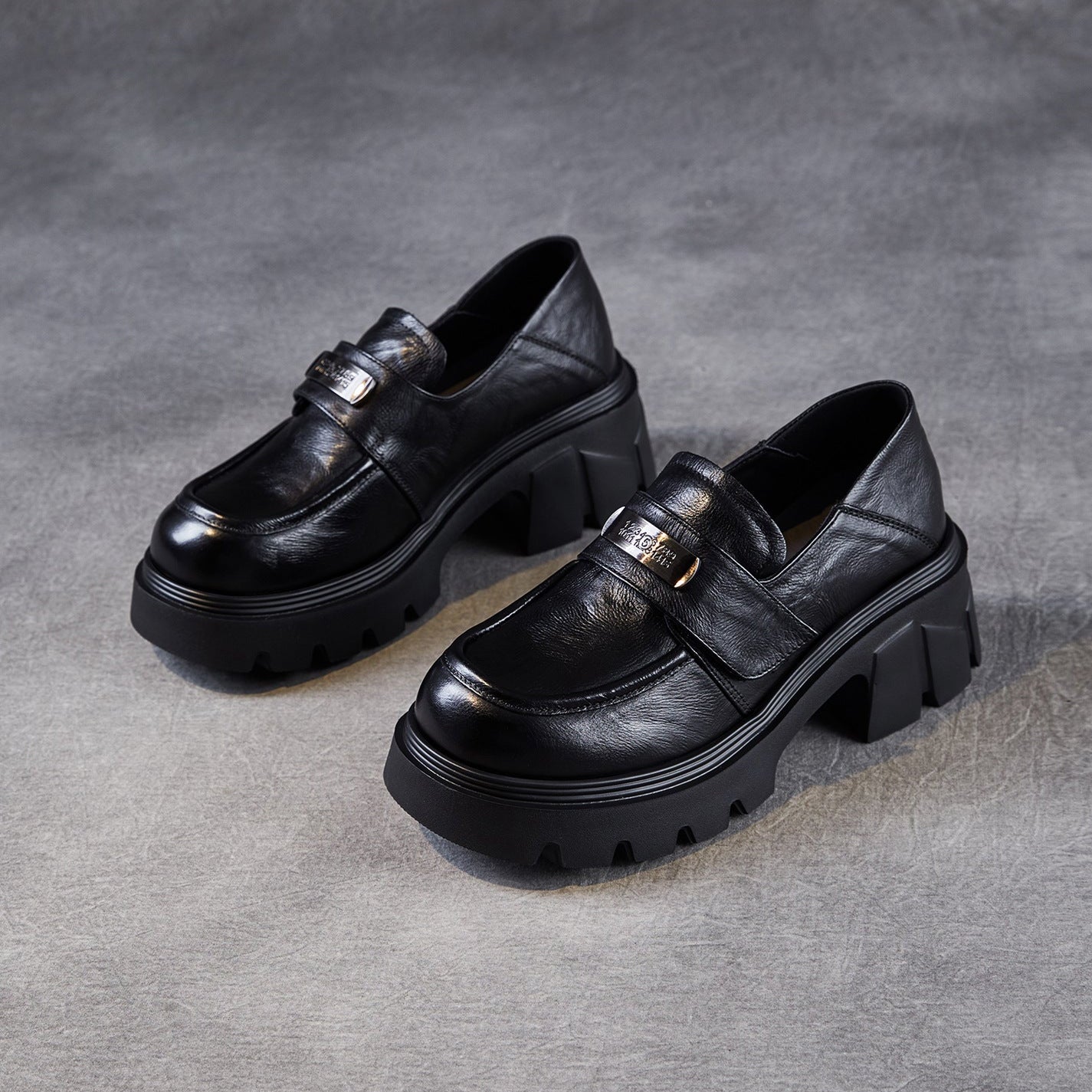 Women’s Leather Platform Block Heel Loafers – Vintage Metal Detail